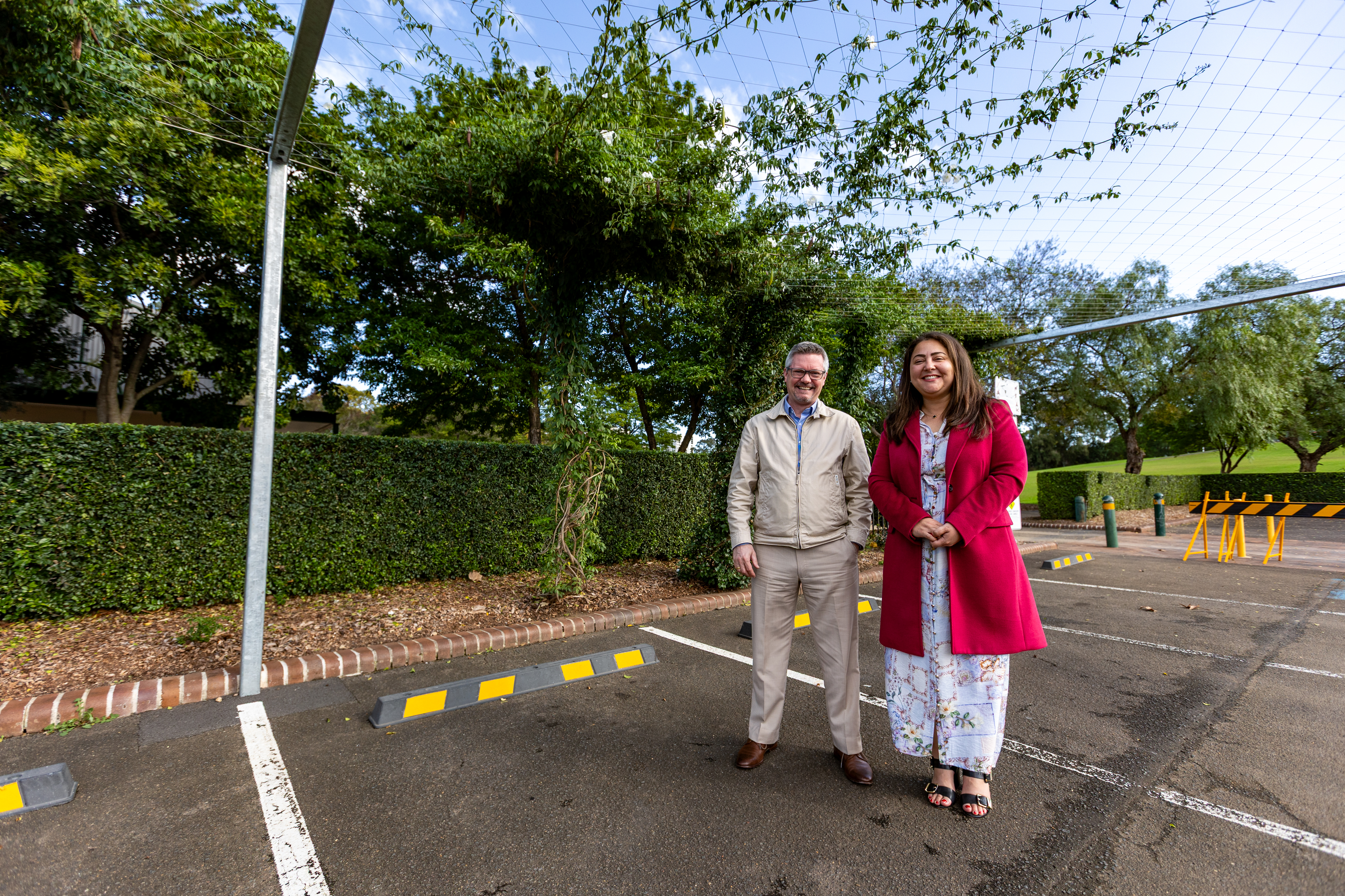 Cumberland Mayor and Professor Sebastian Pfautsch under the vine canopy in the Cool Carpark