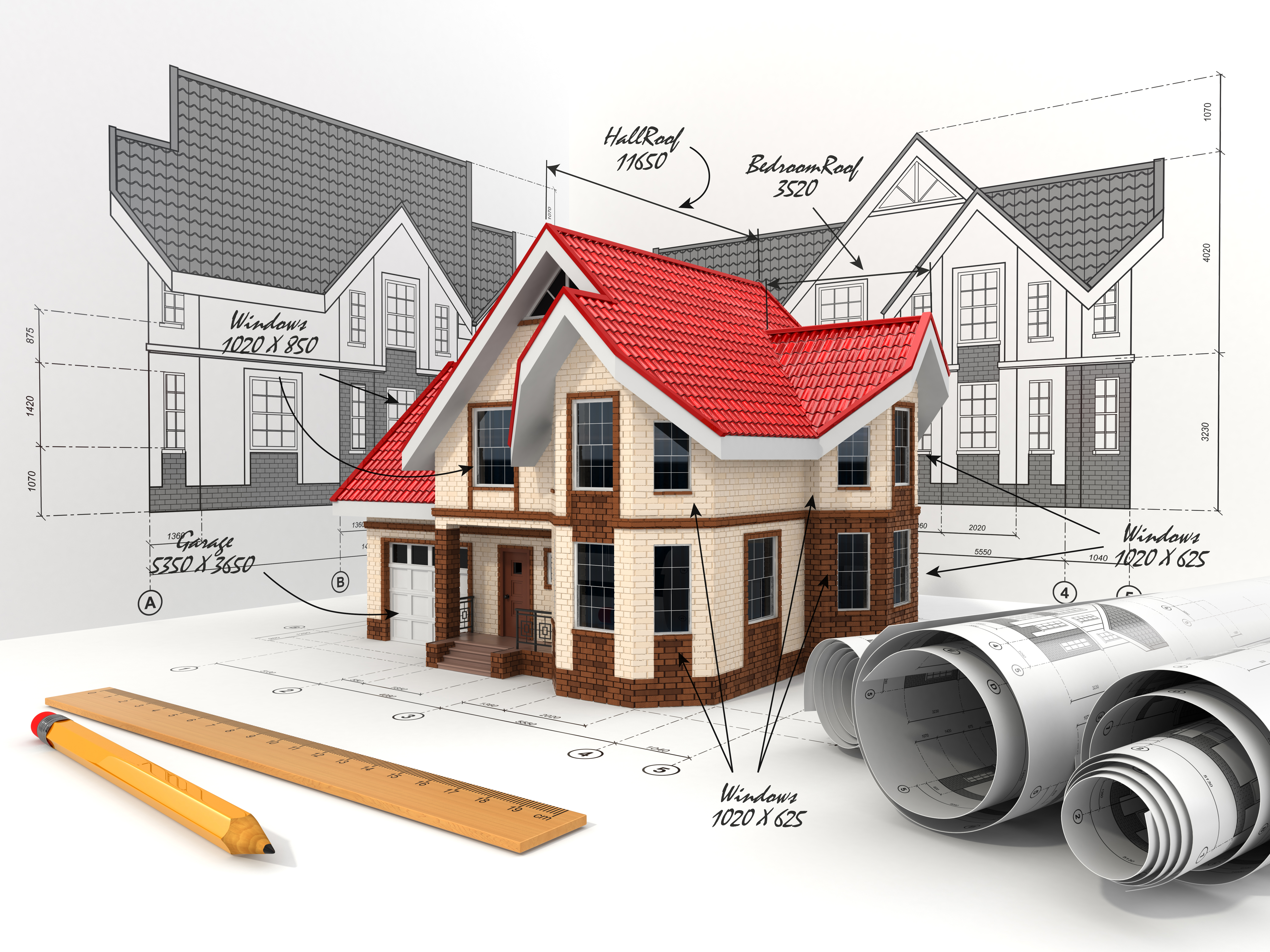 Model house in front of architect blueprints