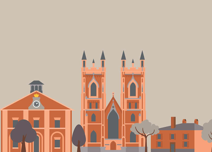 Illustration of heritage houses in a town centre