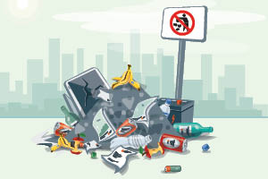 Illustration of illegally dumped rubbish in front of urban cityscape