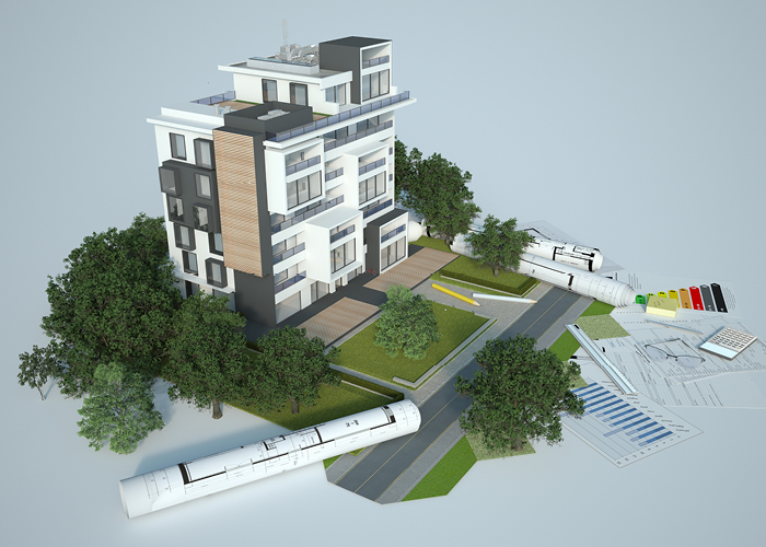 Illustration of a 3D model house rendered on top of architect plans