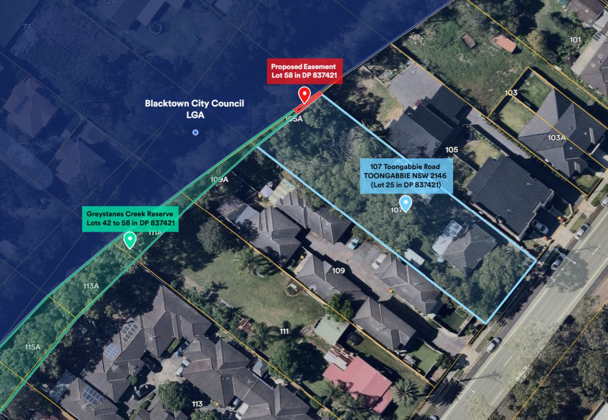 Map showing proposed easement at 107 Toongabbie Road Toongabbie