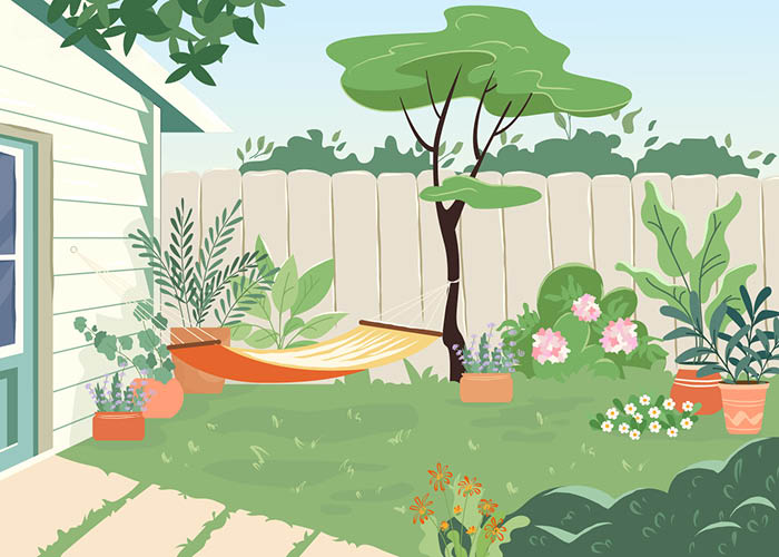 Illustration of cosy back yard with hammock, trees and plants